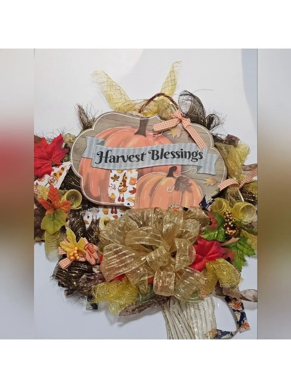 Hand Crafted handmade holiday wreath Harvest Blessings Gnome fabric plaid ribbon